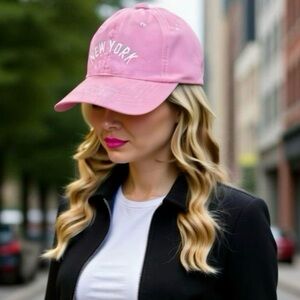 NEW YORK Women’s Baseball Cap Hat In Vintage Wash Pink Embroidered Adjustable